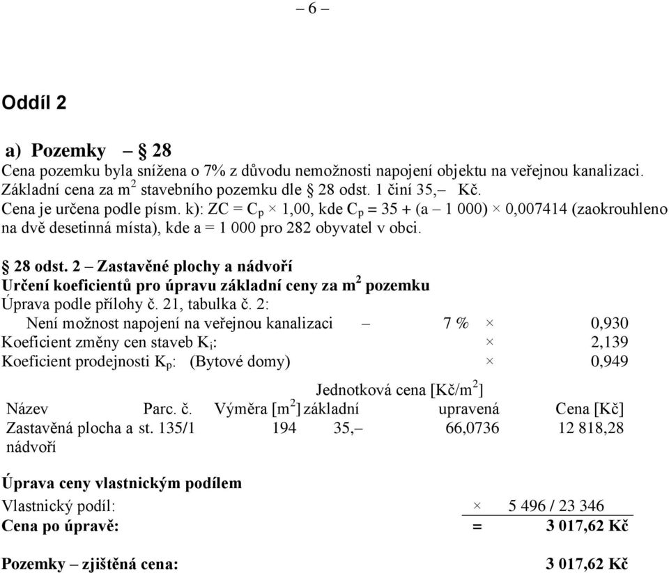 2 Zastavěné plochy a nádvoří Určení koeficientů pro úpravu základní ceny za m 2 pozemku Úprava podle přílohy č. 21, tabulka č.