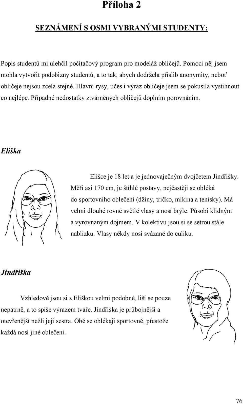 Hlavní rysy, účes i výraz obličeje jsem se pokusila vystihnout co nejlépe. Případné nedostatky ztvárněných obličejů doplním porovnáním. Eliška Elišce je 18 let a je jednovaječným dvojčetem Jindřišky.