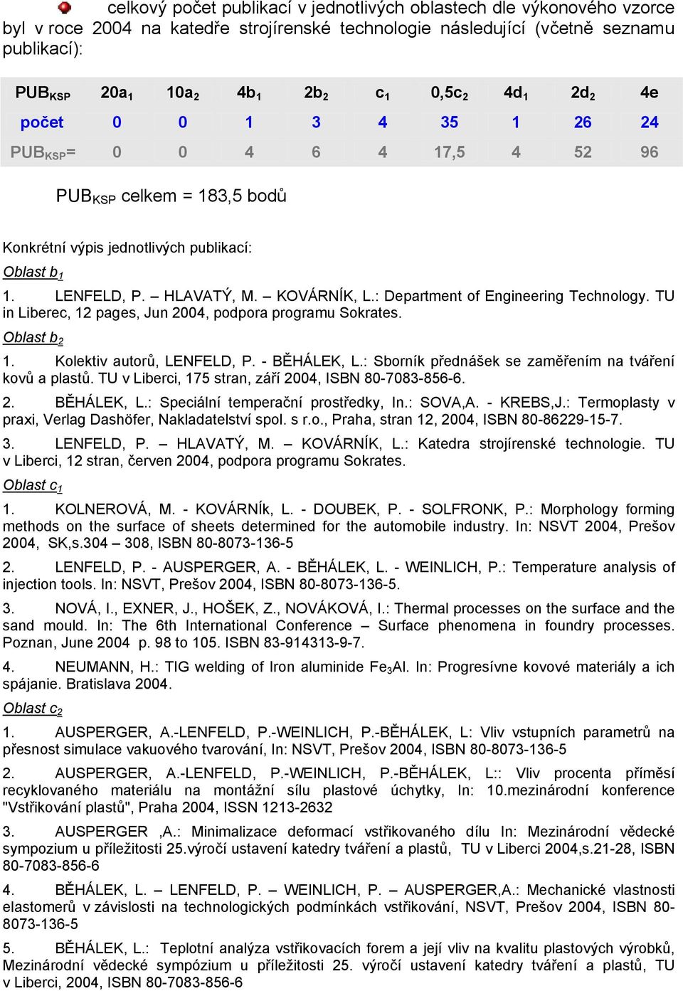 : Department of Engineering Technology. TU in Liberec, 12 pages, Jun 2004, podpora programu Sokrates. Oblast b 2 1. Kolektiv autorů, LENFELD, P. - BĚHÁLEK, L.