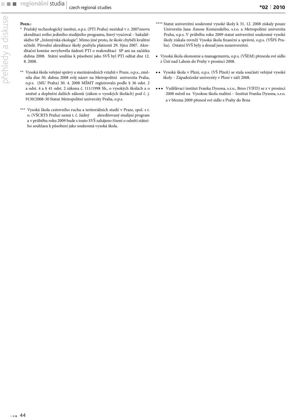 Státní souhlas k působení jako SVŠ byl PTI odňat dne 12. 8. 2008. ** Vysoká škola veřejné správy a mezinárodních vztahů v Praze, o.p.s., změnila dne 30.