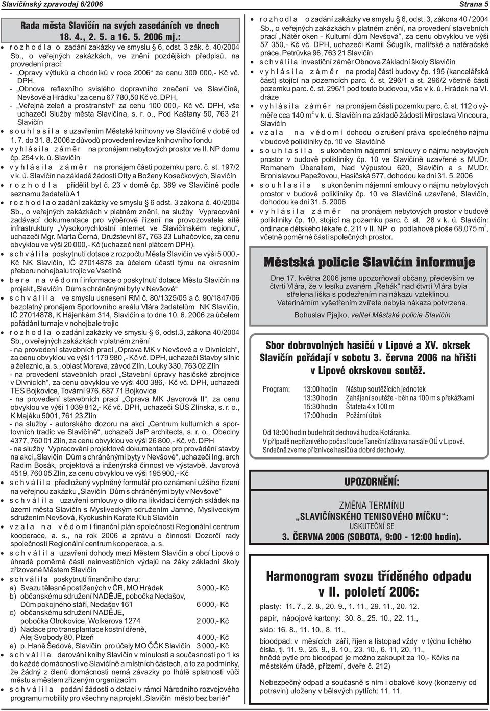DPH, - Obnova reflexního svislého dopravního znaèení ve Slavièínì, Nevšové a Hrádku za cenu 67 780,50 Kè vè. DPH, - Veøejná zeleò a prostranství za cenu 100 000,- Kè vè.