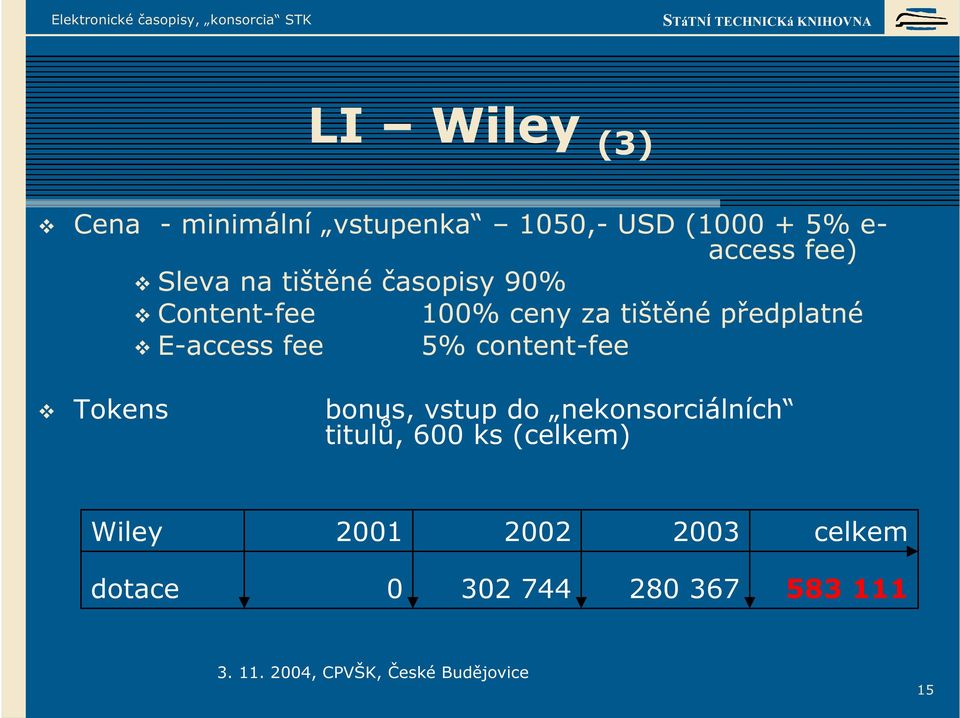 E-access fee 5% content-fee Tokens bonus, vstup do nekonsorciálních titulů,