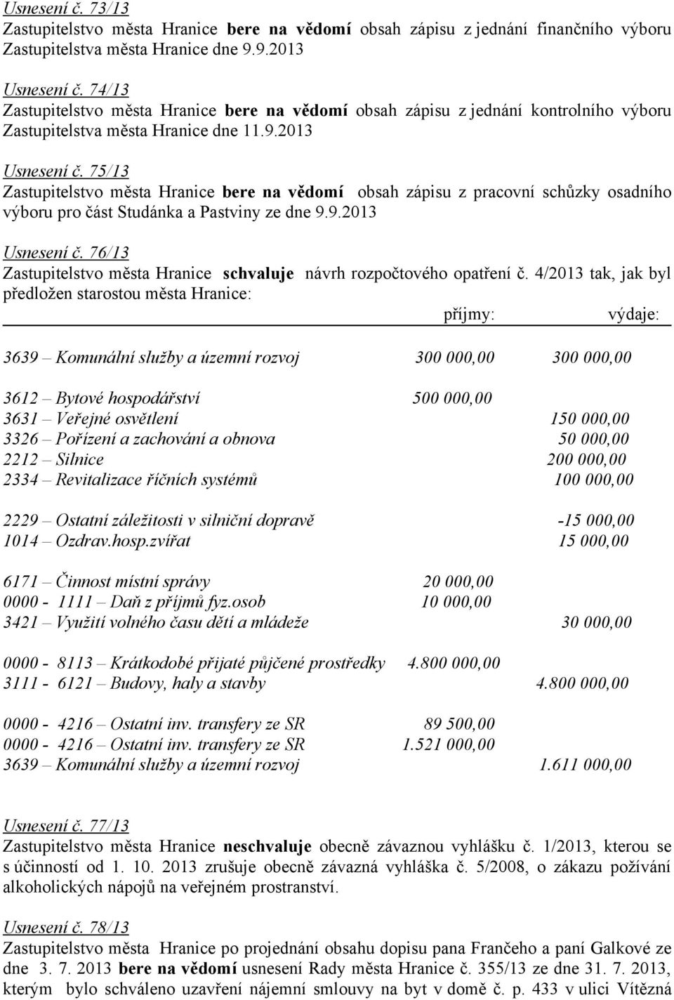 75/13 Zastupitelstvo města Hranice bere na vědomí obsah zápisu z pracovní schůzky osadního výboru pro část Studánka a Pastviny ze dne 9.9.2013 Usnesení č.