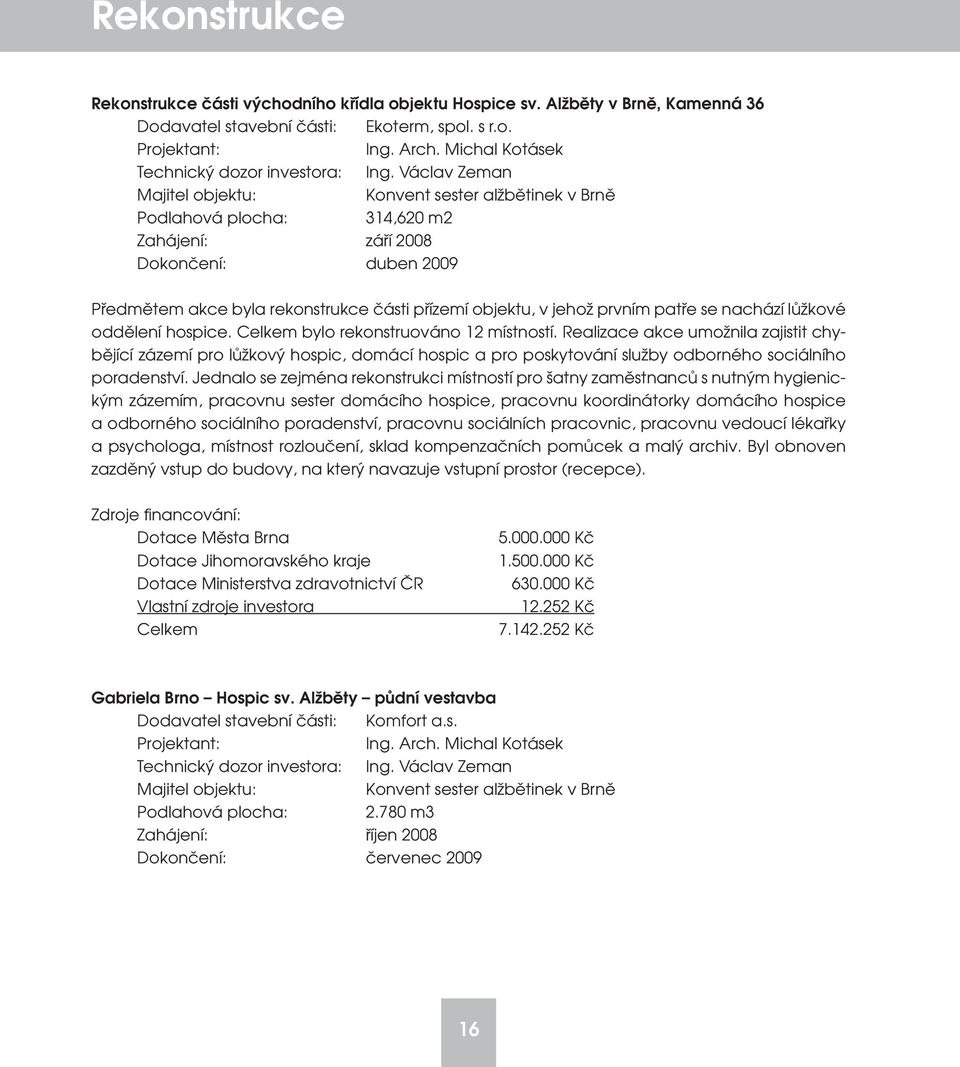 Václav Zeman Majitel objektu: Konvent sester alžbětinek v Brně Podlahová plocha: 314,620 m2 Zahájení: září 2008 Dokončení: duben 2009 Předmětem akce byla rekonstrukce části přízemí objektu, v jehož