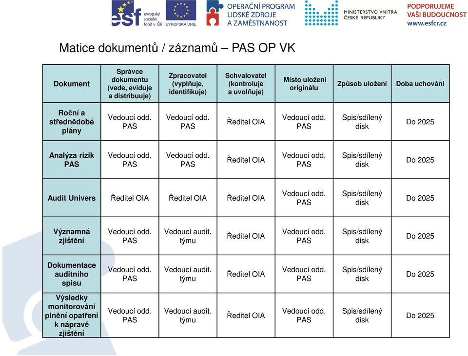 uchování Roční a střednědobé plány Analýza rizik Audit Univers Významná zjištění Vedoucí audit.