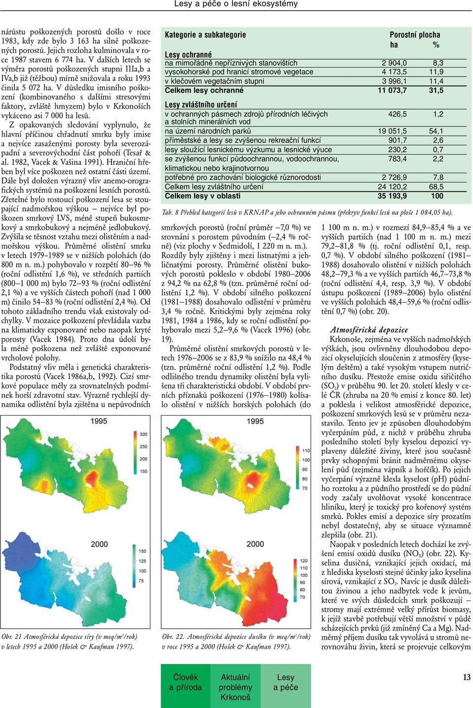 V důsledku imisního poškození (kombinovaného s dalšími stresovými faktory, zvláště hmyzem) bylo v Krkonoších vykáceno asi 7 000 ha lesů.