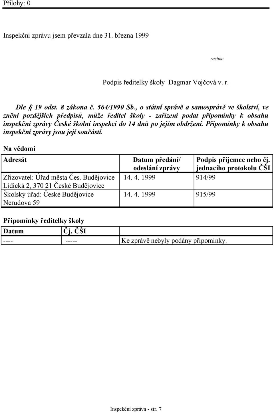 obdržení. Připomínky k obsahu inspekční zprávy jsou její součástí. Na vědomí Adresát Zřizovatel: Úřad města Čes.