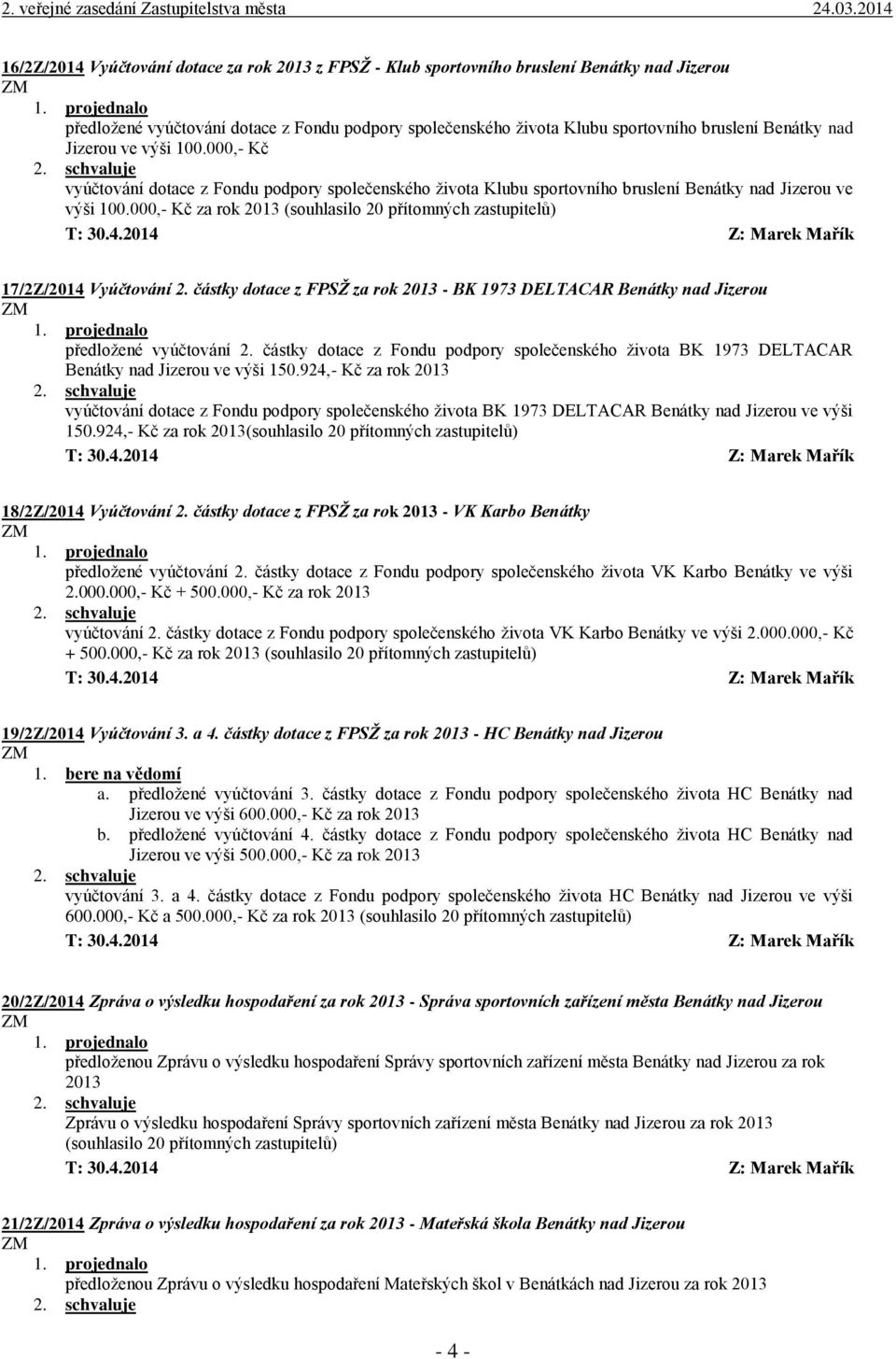 000,- Kč za rok 2013 (souhlasilo 20 přítomných zastupitelů) 17/2Z/2014 Vyúčtování 2. částky dotace z FPSŽ za rok 2013 - BK 1973 DELTACAR Benátky nad Jizerou předložené vyúčtování 2.