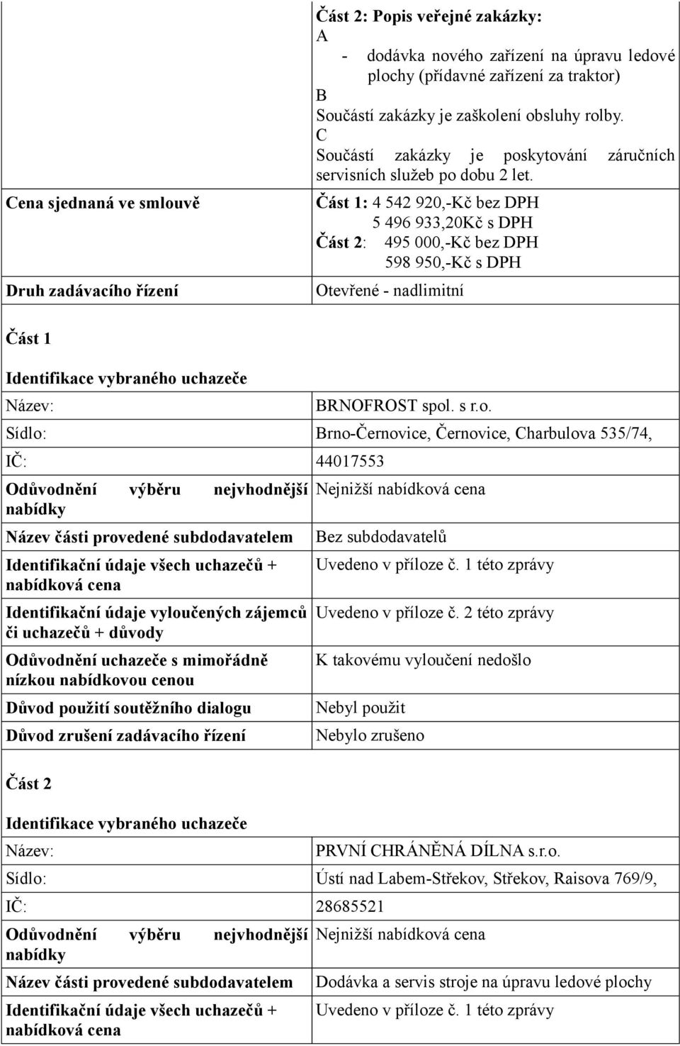 Část 1: 4 542 920,-Kč bez DPH 5 496 933,20Kč s DPH Část 2: 495 000,-Kč bez DPH 598 950,-Kč s DPH Otevřené - nadlimitní Část 1 Identifikace vybraného 