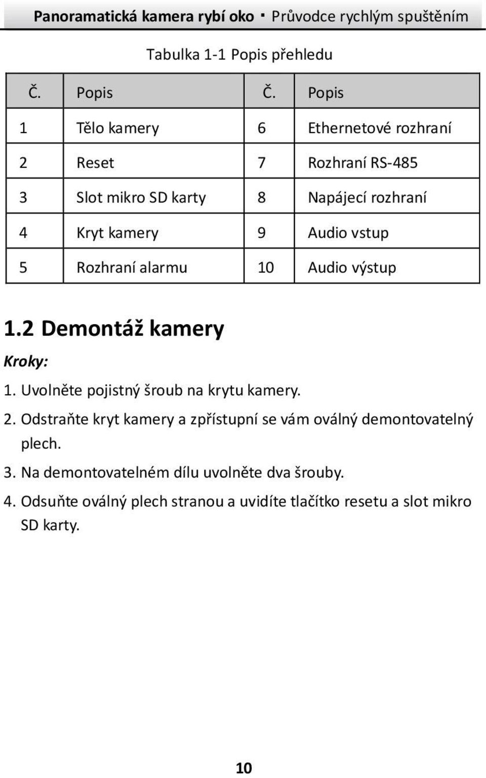 kamery 9 Audio vstup 5 Rozhraníalarmu 10 Audio výstup 1.2 Demontáž kamery Kroky: 1.