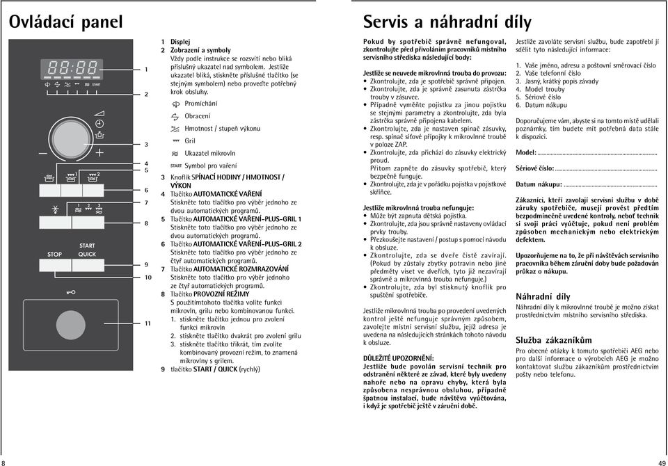 PromÌch nì ObracenÌ Hmotnost / stupeú v konu Gril Ukazatel mikrovln Symbol pro va enì 3 KnoflÌk SPÕNACÕ HODINY / HMOTNOST / V KON 4 TlaËÌtko AUTOMATICK VAÿENÕ StisknÏte toto tlaëìtko pro v bïr