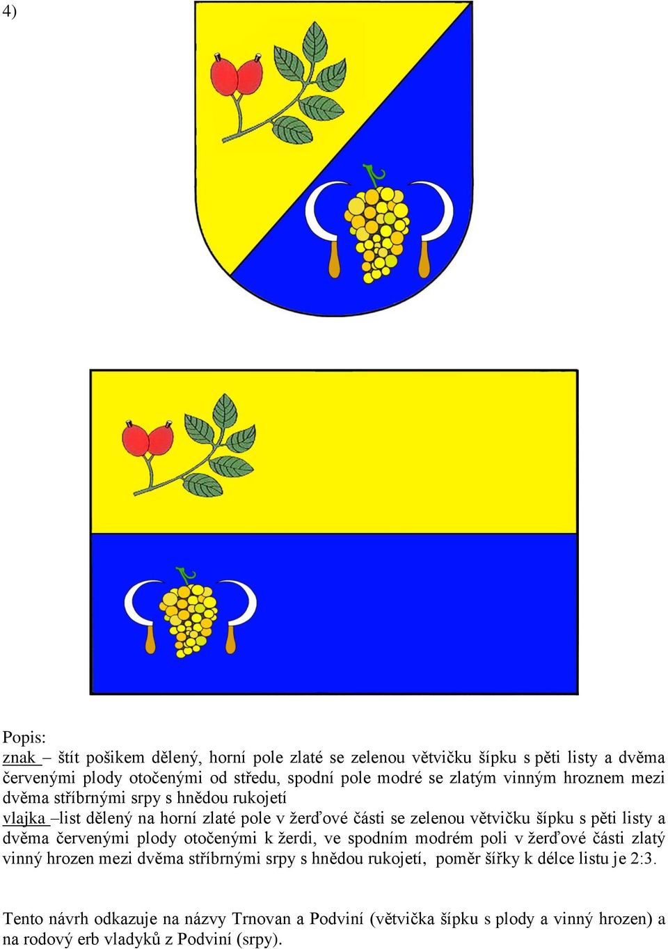 listy a dvěma červenými plody otočenými k žerdi, ve spodním modrém poli v žerďové části zlatý vinný hrozen mezi dvěma stříbrnými srpy s hnědou rukojetí,