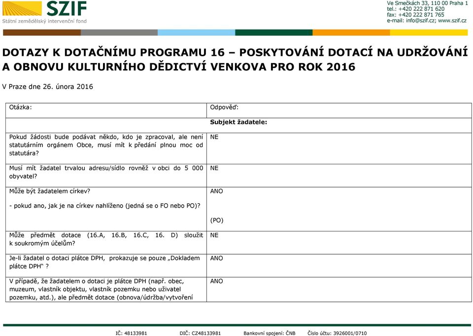 Musí mít žadatel trvalou adresu/sídlo rovněž v obci do 5 000 obyvatel? Může být žadatelem církev? - pokud ano, jak je na církev nahlíženo (jedná se o FO nebo PO)? (PO) Může předmět dotace (16.A, 16.