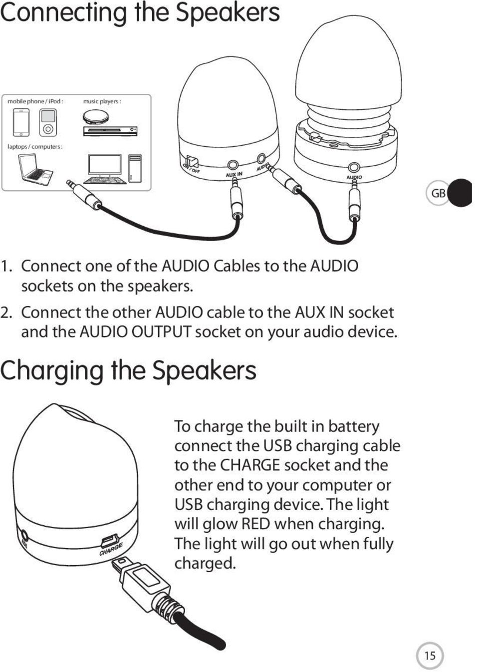 Connect the other AUDIO cable to the AUX IN socket and the AUDIO OUTPUT socket on your audio device.
