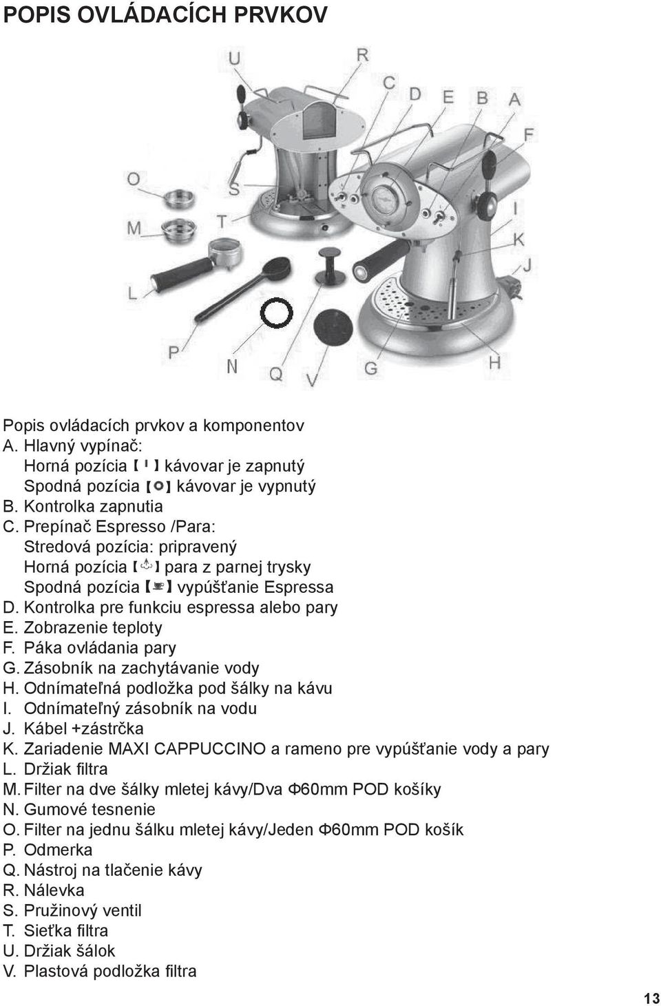 Páka ovládania pary G. Zásobník na zachytávanie vody H. Odnímateľná podložka pod šálky na kávu I. Odnímateľný zásobník na vodu J. Kábel +zástrčka K.