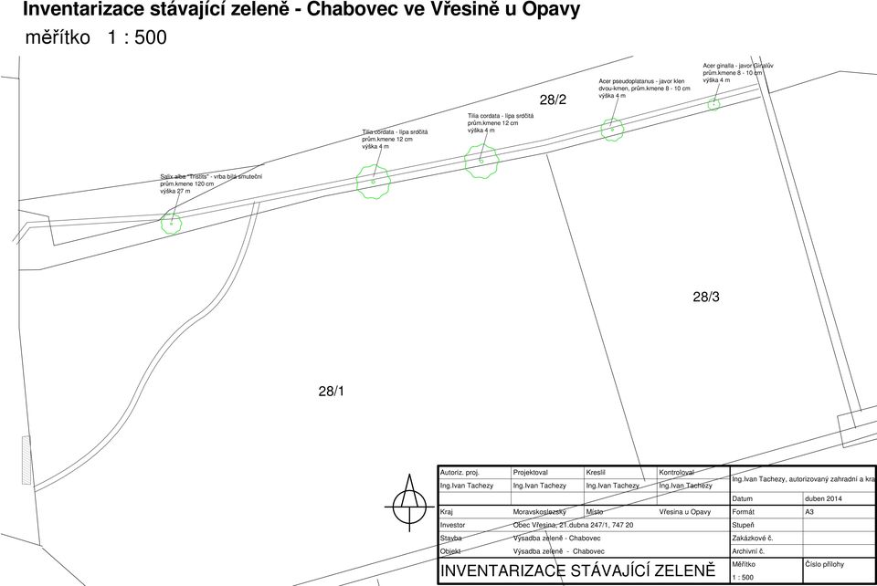 kmene 120 cm výška 27 m 28/3 28/1 Autoriz. proj. Projektoval Kreslil Kontroloval Ing.Ivan Tachezy Ing.Ivan Tachezy Ing.Ivan Tachezy Ing.Ivan Tachezy Ing.Ivan Tachezy, autorizovaný zahradní a kraj.