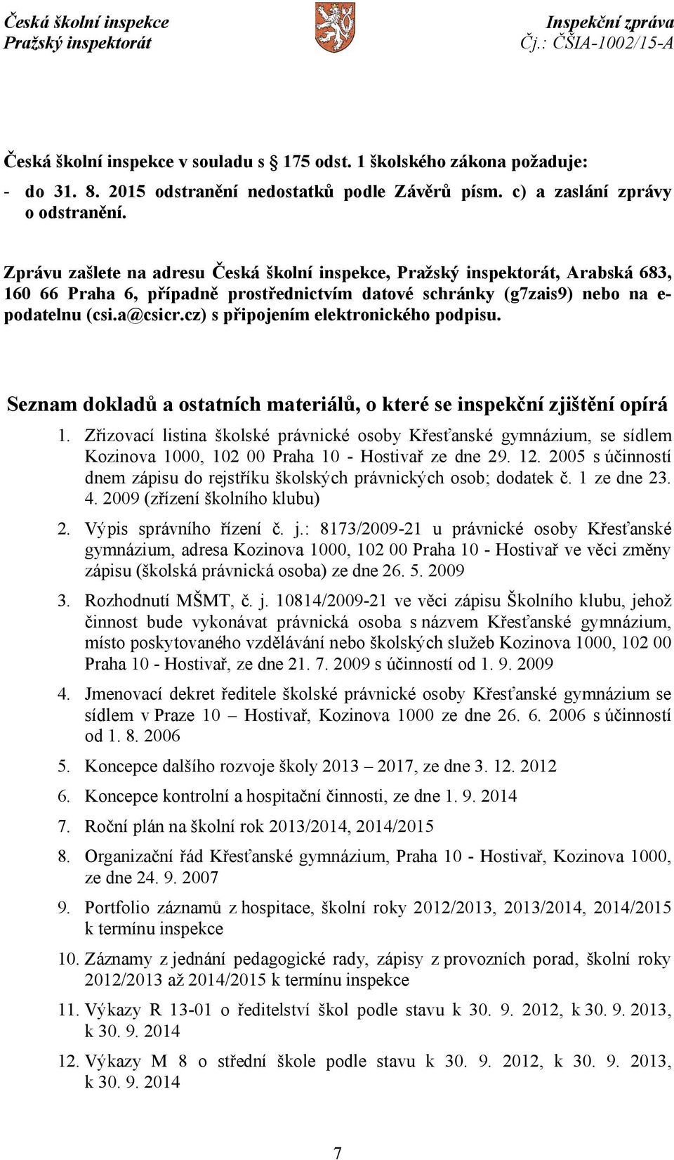 cz) s připojením elektronického podpisu. Seznam dokladů a ostatních materiálů, o které se inspekční zjištění opírá 1.