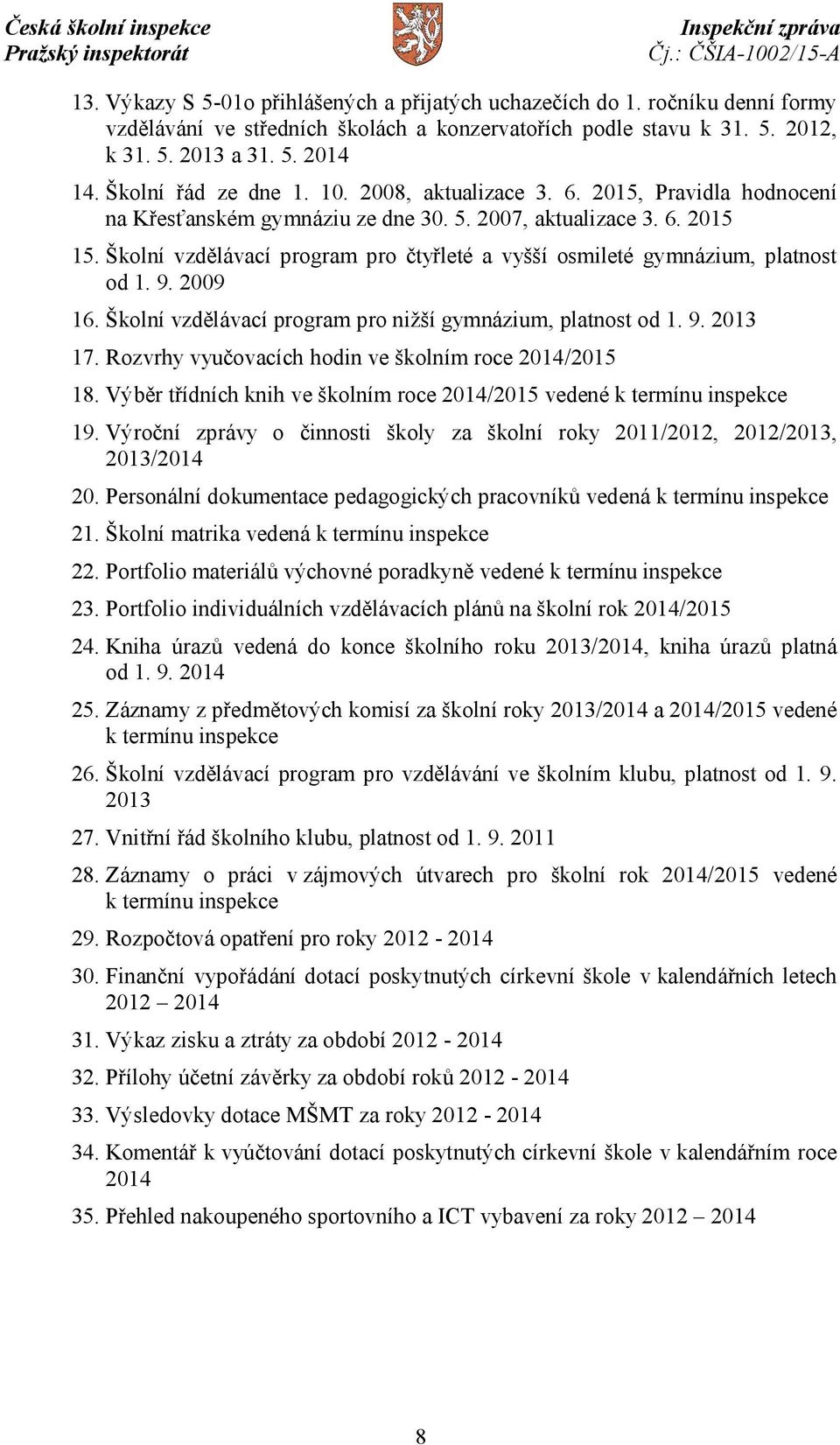 Školní vzdělávací program pro čtyřleté a vyšší osmileté gymnázium, platnost od 1. 9. 2009 16. Školní vzdělávací program pro nižší gymnázium, platnost od 1. 9. 2013 17.