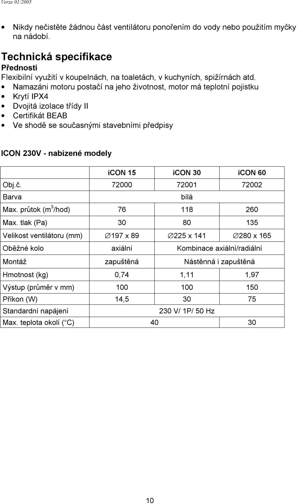 15 icon 30 icon 60 Obj.č. 72000 72001 72002 Barva bílá Max. průtok (m 3 /hod) 76 118 260 Max.