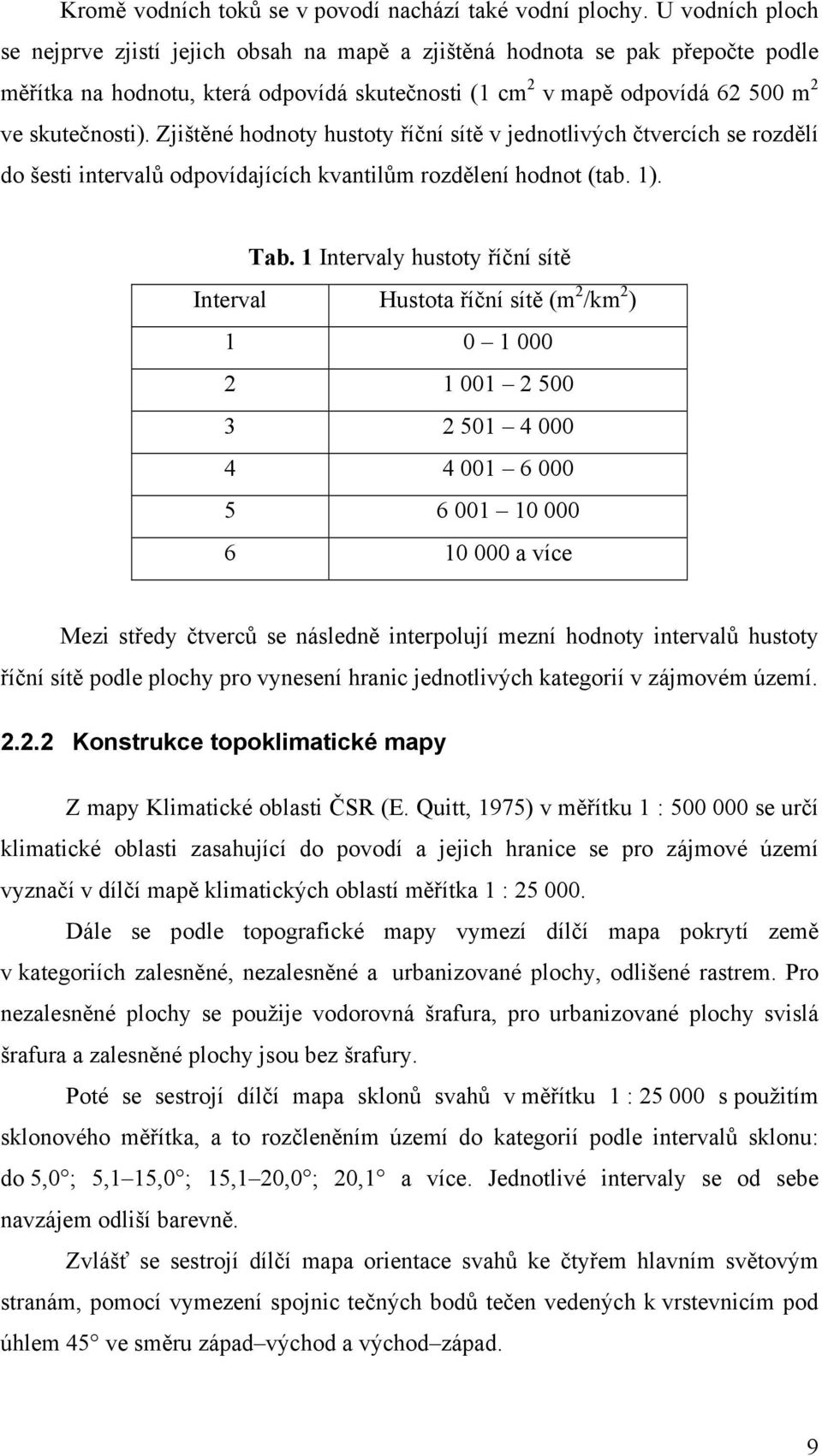 Zjištěné hodnoty hustoty říční sítě v jednotlivých čtvercích se rozdělí do šesti intervalů odpovídajících kvantilům rozdělení hodnot (tab. 1). Tab.