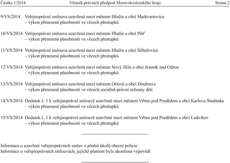 Šilheřovice výkon přenesené působnosti ve věcech přestupků 12/VS/2014 Veřejnoprávní smlouva uzavřená mezi městem Nový Jičín a obcí Jeseník nad Odrou výkon přenesené působnosti ve věcech přestupků