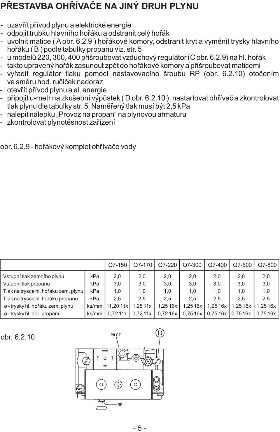 hořák - takto upravený hořák zasunout zpět do hořákové komory a přišroubovat maticemi - vyřadit regulátor tlaku pomocí nastavovacího šroubu RP (obr. 6.2.10) otočením ve směru hod.