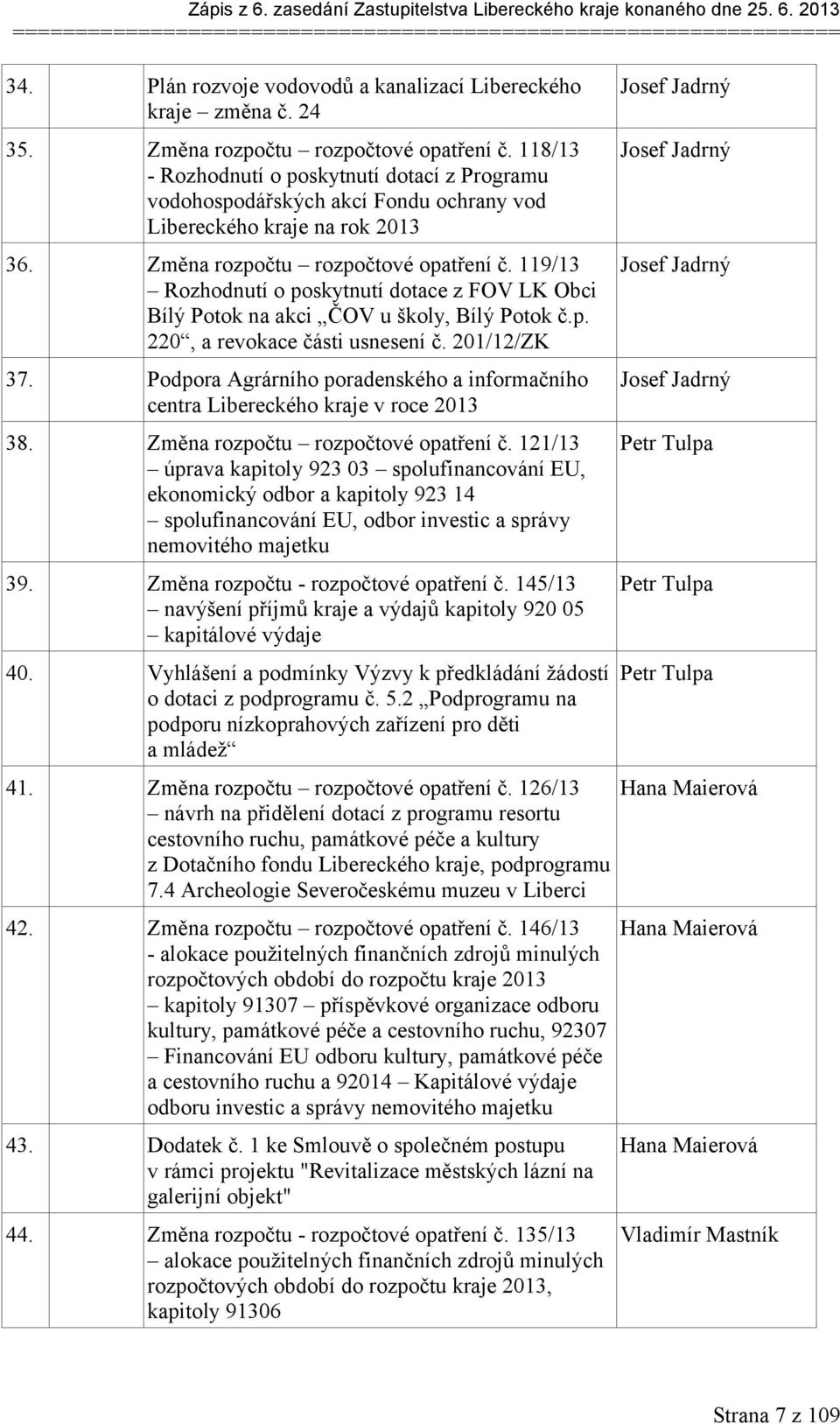 119/13 Rozhodnutí o poskytnutí dotace z FOV LK Obci Bílý Potok na akci ČOV u školy, Bílý Potok č.p. 220, a revokace části usnesení č. 201/12/ZK 37.