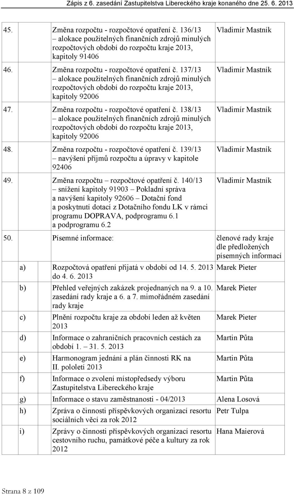 138/13 alokace použitelných finančních zdrojů minulých rozpočtových období do rozpočtu kraje 2013, kapitoly 92006 48. Změna rozpočtu - rozpočtové opatření č.