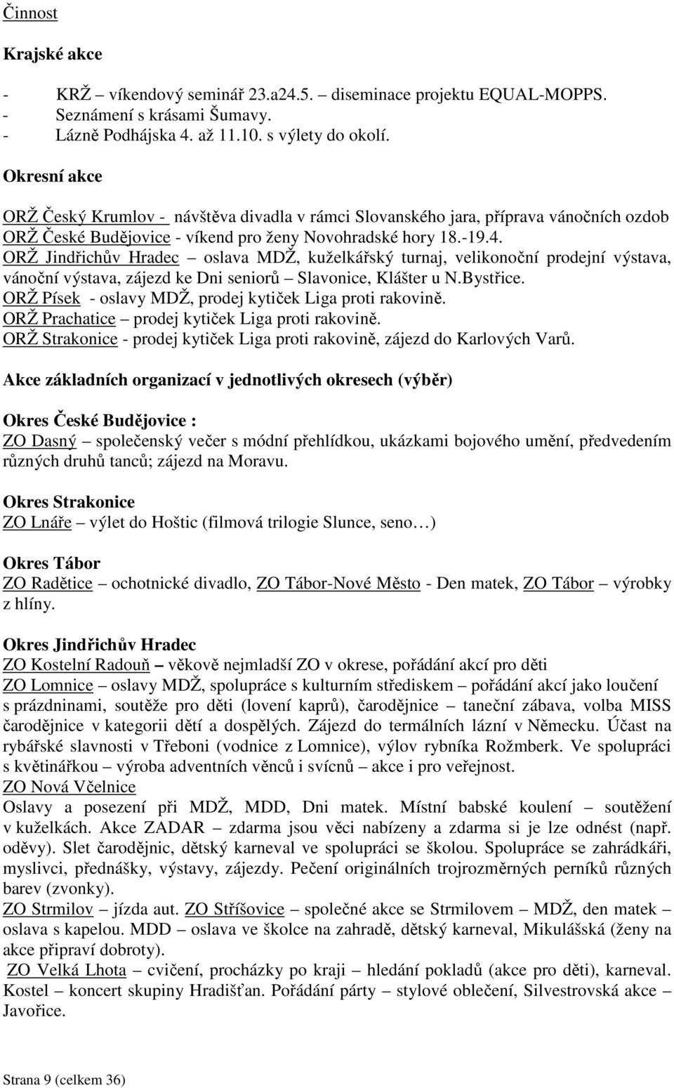 ORŽ Jindřichův Hradec oslava MDŽ, kuželkářský turnaj, velikonoční prodejní výstava, vánoční výstava, zájezd ke Dni seniorů Slavonice, Klášter u N.Bystřice.