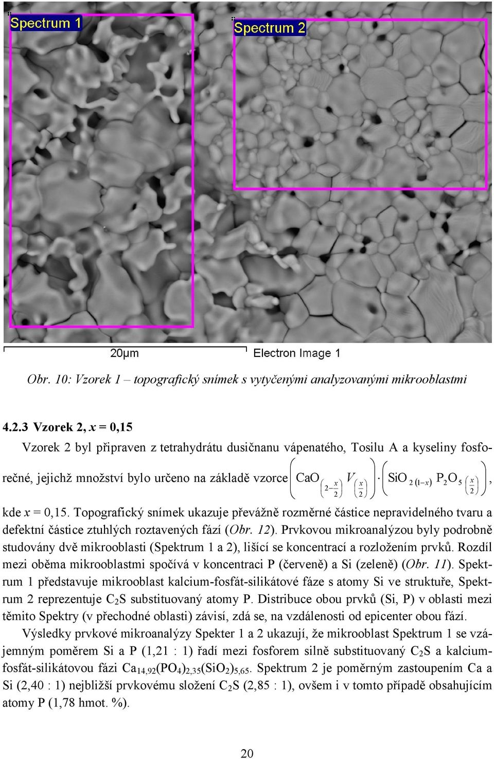 kde x = 0,15. Topografický snímek ukazuje převážně rozměrné částice nepravidelného tvaru a defektní částice ztuhlých roztavených fází (Obr. 12).