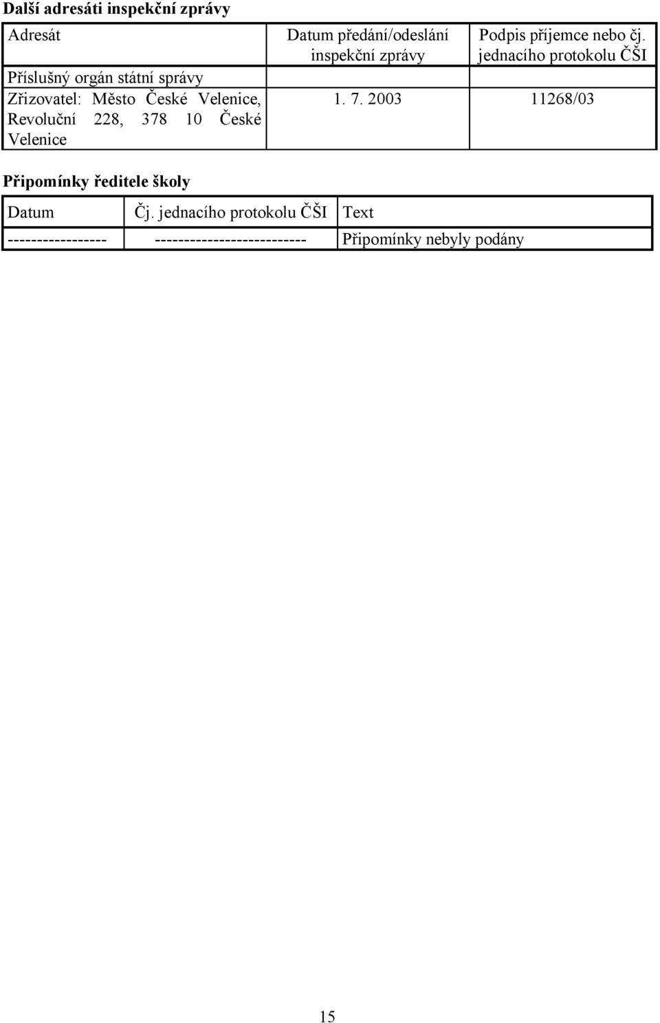 příjemce nebo čj. jednacího protokolu ČŠI 1. 7. 2003 11268/03 Připomínky ředitele školy Datum Čj.