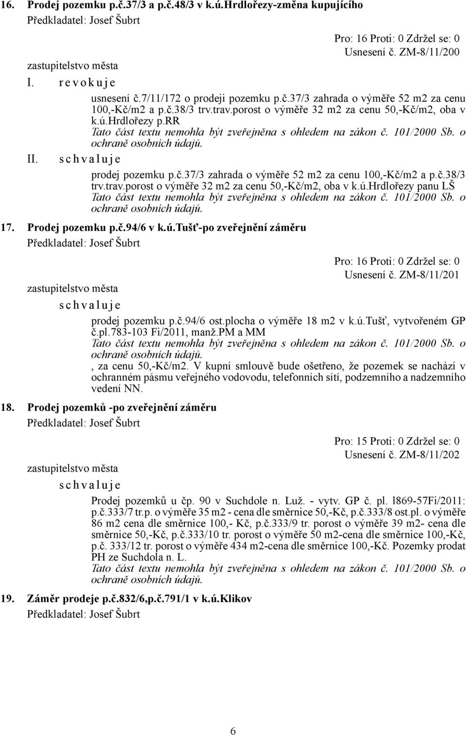 Prodej pozemku p.č.94/6 v k.ú.tušť-po zveřejnění záměru Usnesení č. ZM-8/11/201 prodej pozemku p.č.94/6 ost.plocha o výměře 18 m2 v k.ú.tušť, vytvořeném GP č.pl.783-103 Fi/2011, manž.