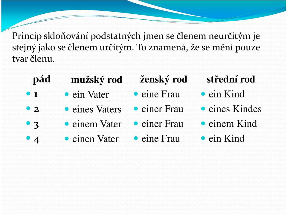 pád mužský rod ženský rod střední rod 1 ein Vater eine Frau ein Kind 2 eines