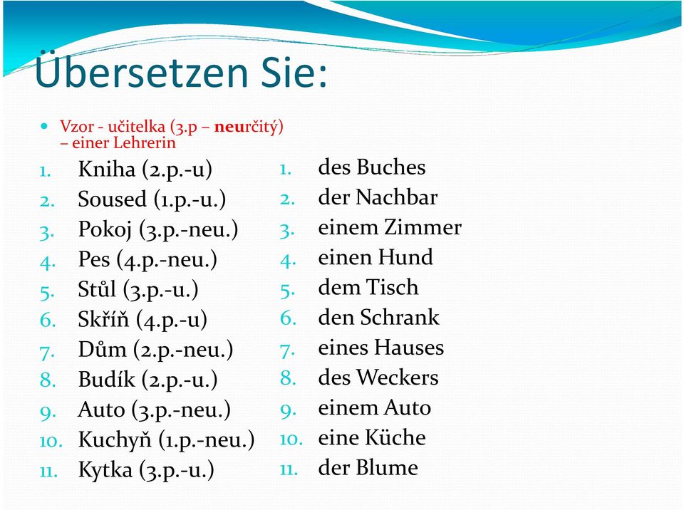 Skříň (4.p.-u) 7. Dům (2.p.-neu.) 8. Budík (2.p.-u.) 9. Auto (3.p.-neu.) 10. Kuchyň (1.p.-neu.) 11. Kytka (3.