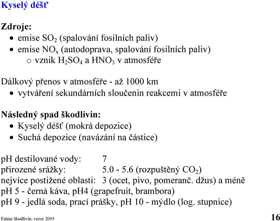 Suchá depozice (navázání na částice) ph destilované vody: 7 přirozené srážky: 5.0-5.