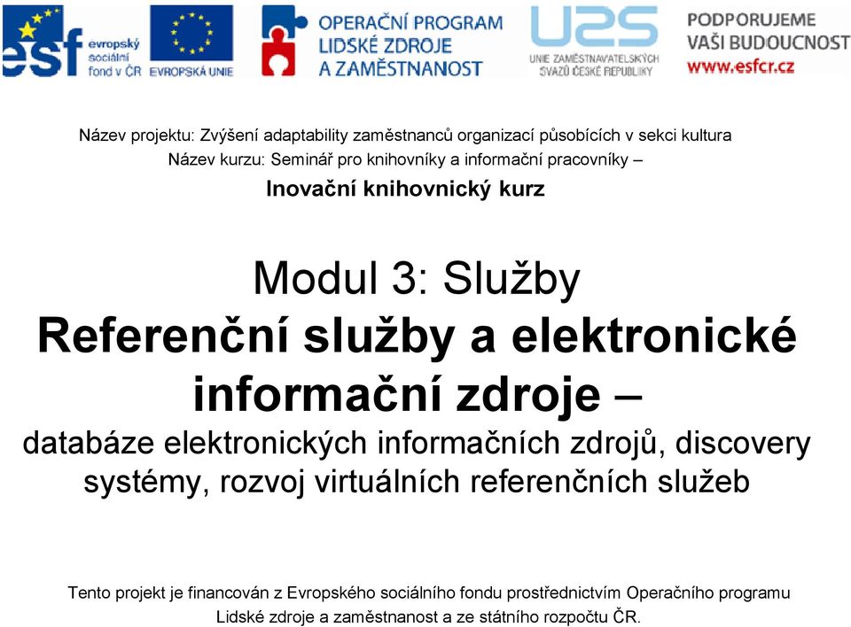 databáze elektronických informačních zdrojů, discovery systémy, rozvoj virtuálních referenčních služeb Tento projekt je