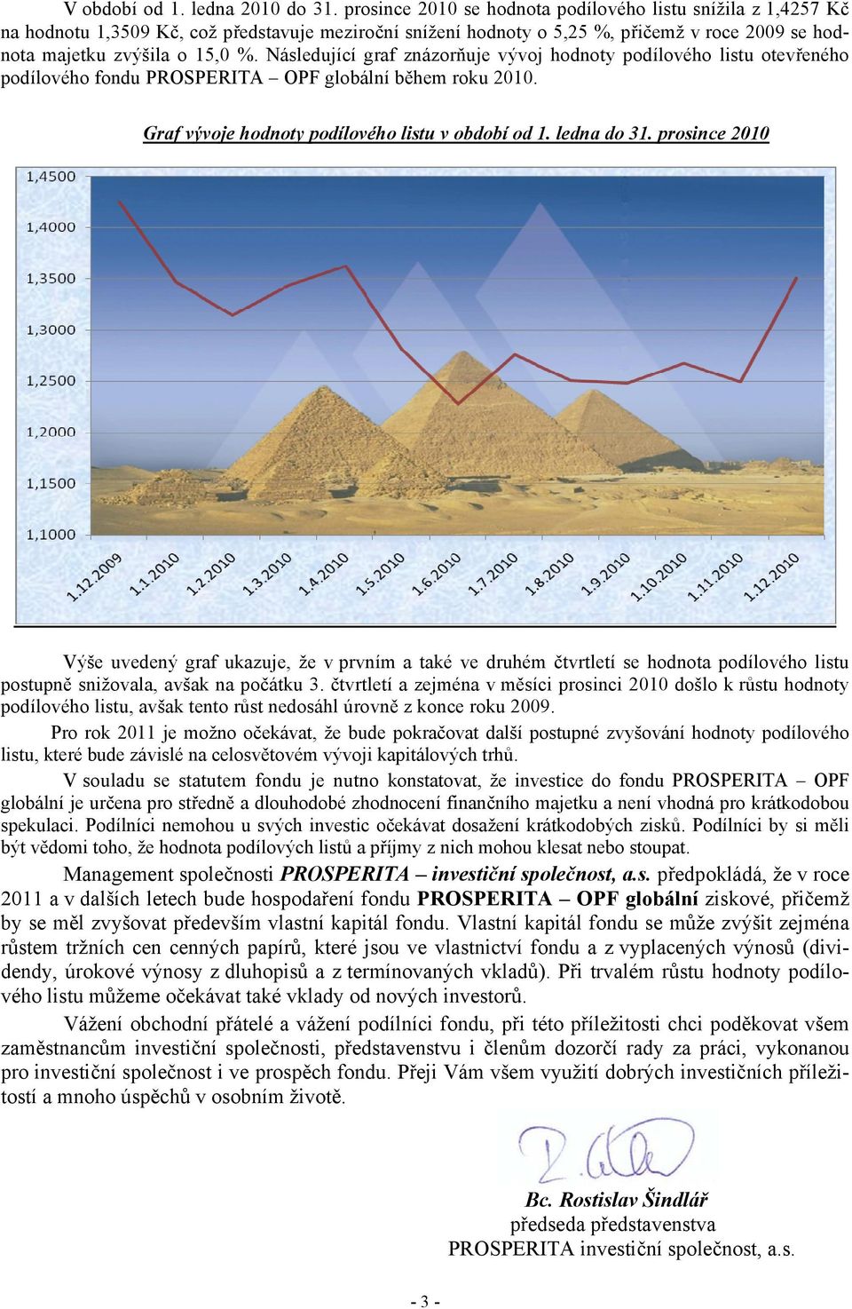 Následující graf znázorňuje vývoj hodnoty podílového listu otevřeného podílového fondu PROSPERITA OPF globální během roku 2010. Graf vývoje hodnoty podílového listu v období od 1. ledna do 31.