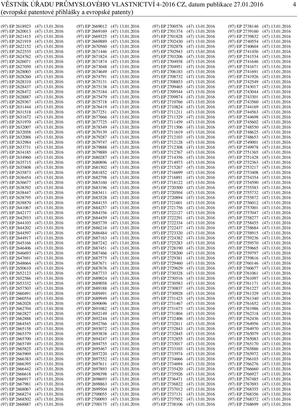 01.2016 (97) EP 2628260 (47) 13.01.2016 (97) EP 2628310 (47) 13.01.2016 (97) EP 2628437 (47) 13.01.2016 (97) EP 2628472 (47) 13.01.2016 (97) EP 2628887 (47) 13.01.2016 (97) EP 2629367 (47) 13.01.2016 (97) EP 2631444 (47) 13.
