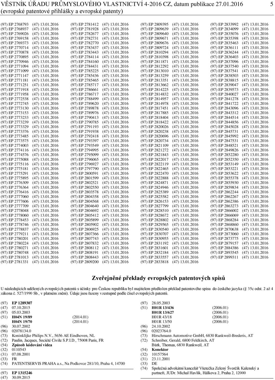 01.2016 (97) EP 2771099 (47) 13.01.2016 (97) EP 2771147 (47) 13.01.2016 (97) EP 2771181 (47) 13.01.2016 (97) EP 2771251 (47) 13.01.2016 (97) EP 2771918 (47) 13.01.2016 (97) EP 2771958 (47) 13.01.2016 (97) EP 2772538 (47) 13.