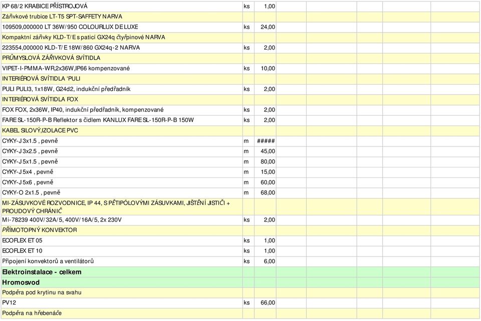 předřadník ks 2,00 INTERIÉROVÁ SVÍTIDLA FOX FOX FOX, 2x36W, IP40, indukční předřadník, kompenzované ks 2,00 FARE SL-150R-P-B Reflektor s čidlem KANLUX FARE SL-150R-P-B 150W ks 2,00 KABEL