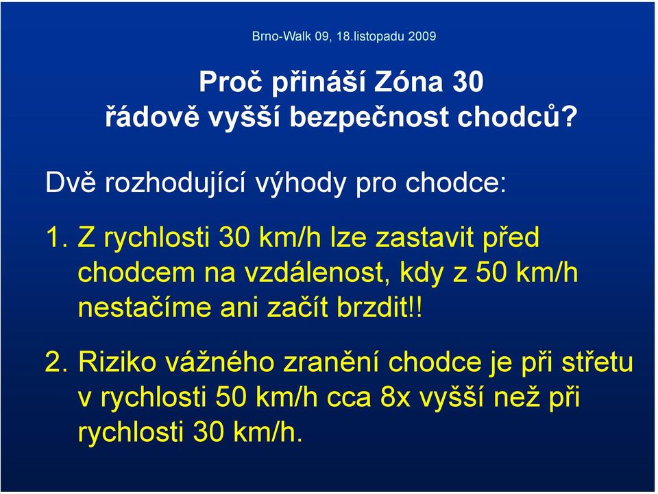 Z rychlosti 30 km/h lze zastavit před chodcem na vzdálenost, kdy z 50 km/h