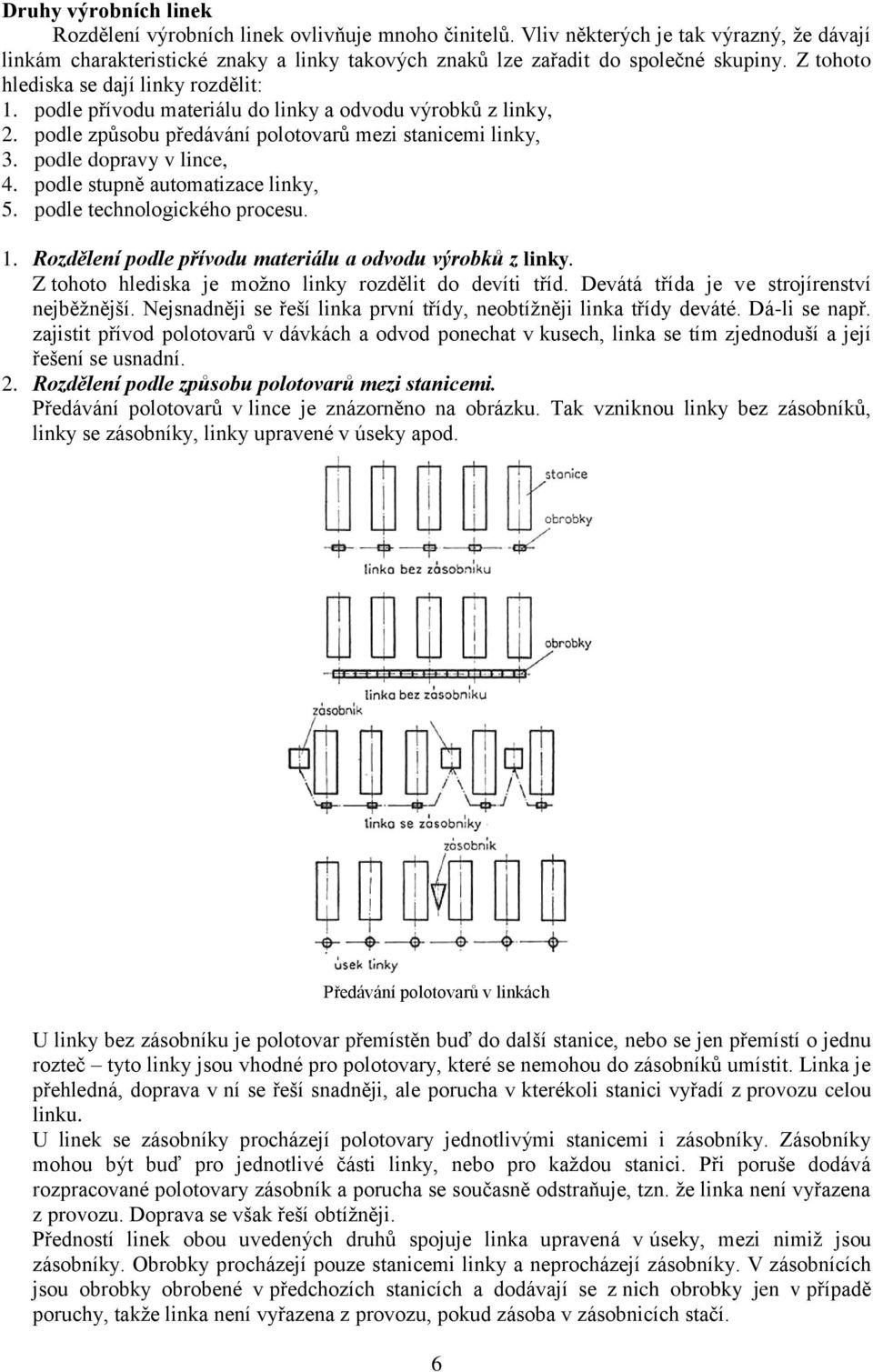 podle stupně automatizace linky, 5. podle technologického procesu. 1. Rozdělení podle přívodu materiálu a odvodu výrobků z linky. Z tohoto hlediska je možno linky rozdělit do devíti tříd.