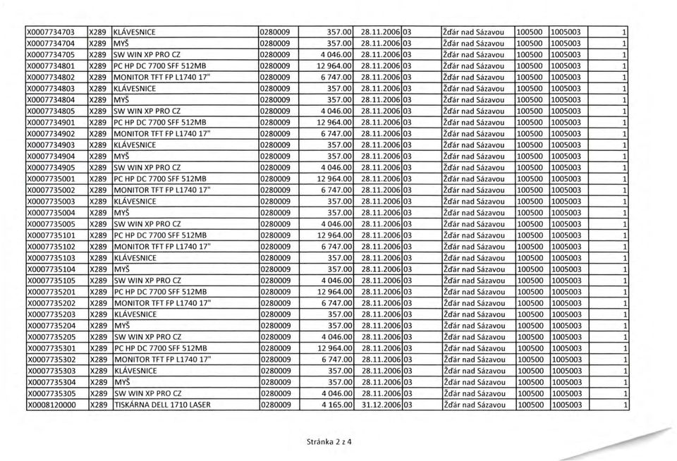00 28..2006 03 Žďár nad Sázavou 00500 005003 X0007734803 X289 KLÁVESNICE 0280009 357.00 28..2006 03 Žďár nad Sázavou 00500 005003 X0007734804 X289 MYŠ 0280009 357.00 28..2006 03 Žďár nad Sázavou 00500 005003 X0007734805 X289 SW WIN XP PRO CZ 0280009 4 046.