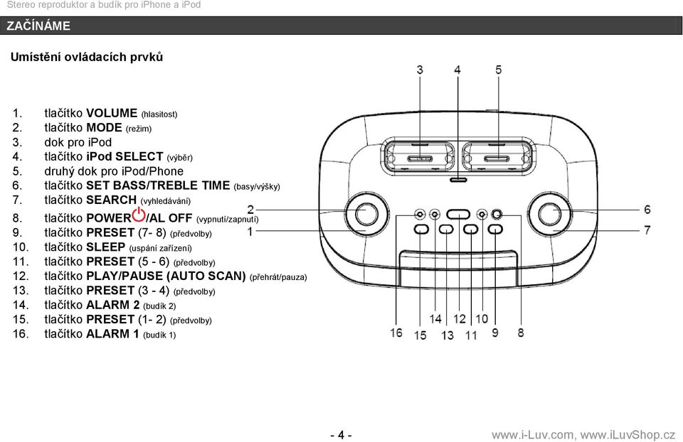 tlačítko PRESET (7-8) (předvolby) 10. tlačítko SLEEP (uspání zařízení) 11. tlačítko PRESET (5-6) (předvolby) 12.
