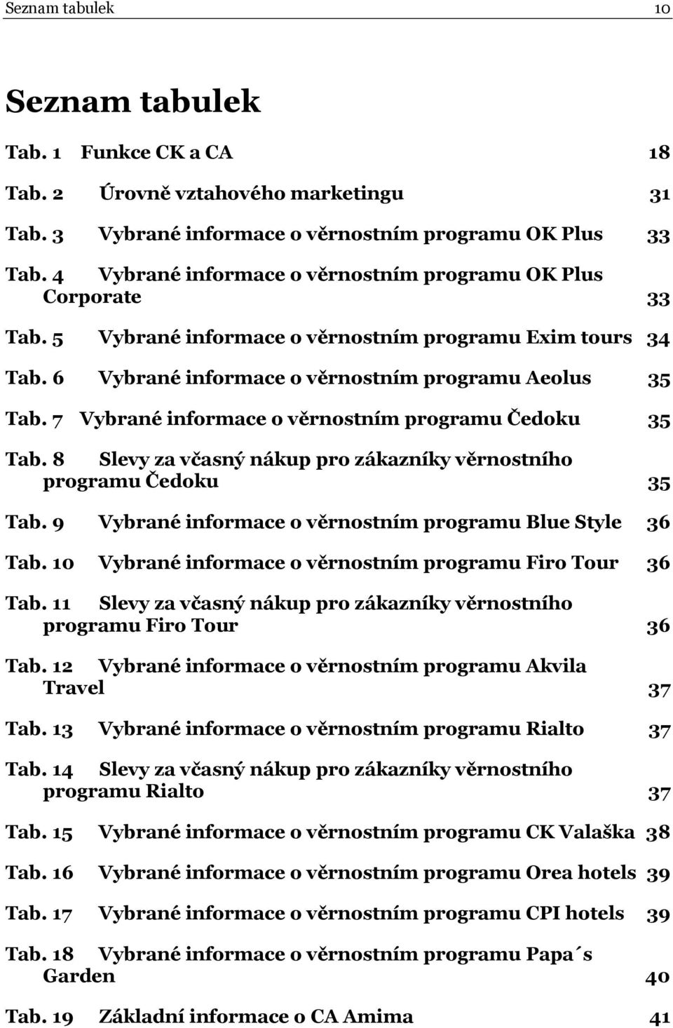 7 Vybrané informace o věrnostním programu Čedoku 35 Tab. 8 Slevy za včasný nákup pro zákazníky věrnostního programu Čedoku 35 Tab. 9 Vybrané informace o věrnostním programu Blue Style 36 Tab.