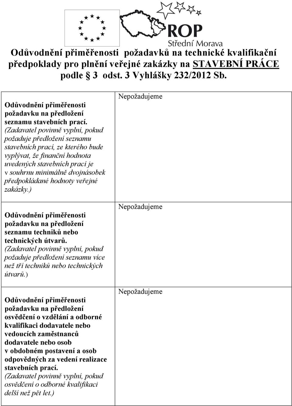 předpokládané hodnoty veřejné zakázky.) seznamu techniků nebo technických útvarů. (Zadavatel povinně vyplní, pokud požaduje předložení seznamu více než tří techniků nebo technických útvarů.