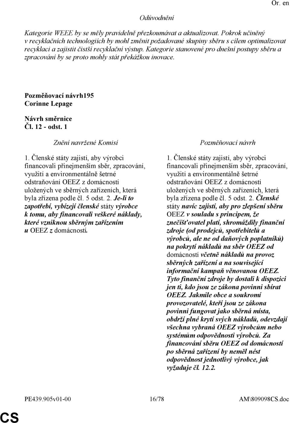 Kategorie stanovené pro dnešní postupy sběru a zpracování by se proto mohly stát překážkou inovace. 195 Corinne Lepage Čl. 12 - odst. 1 1.