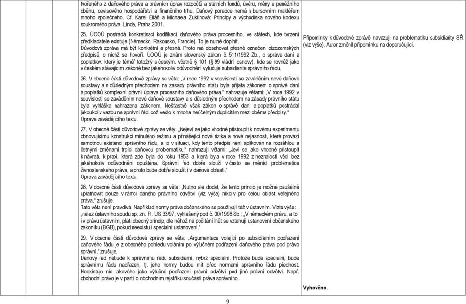 ÚOOÚ postrádá konkretisaci kodifikací daňového práva procesního, ve státech, kde tvrzení předkladatele existuje (Německo, Rakousko, Francie). To je nutné doplnit.