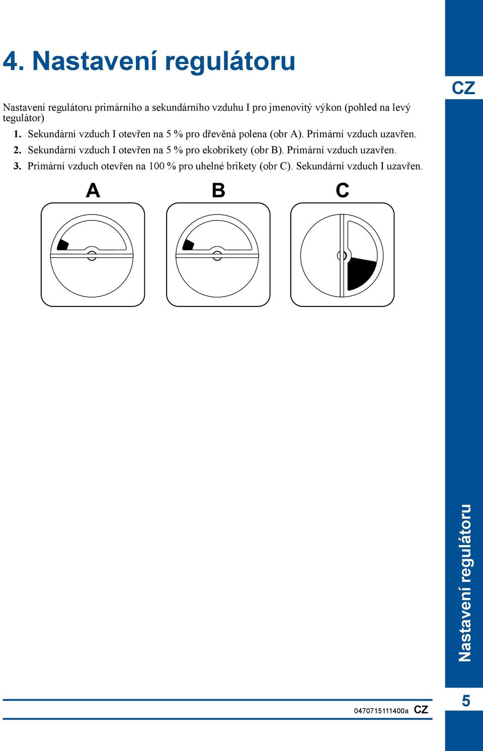 Sekundární vzduch I otevřen na 5 % pro ekobrikety (obr B). Primární vzduch uzavřen. 3.