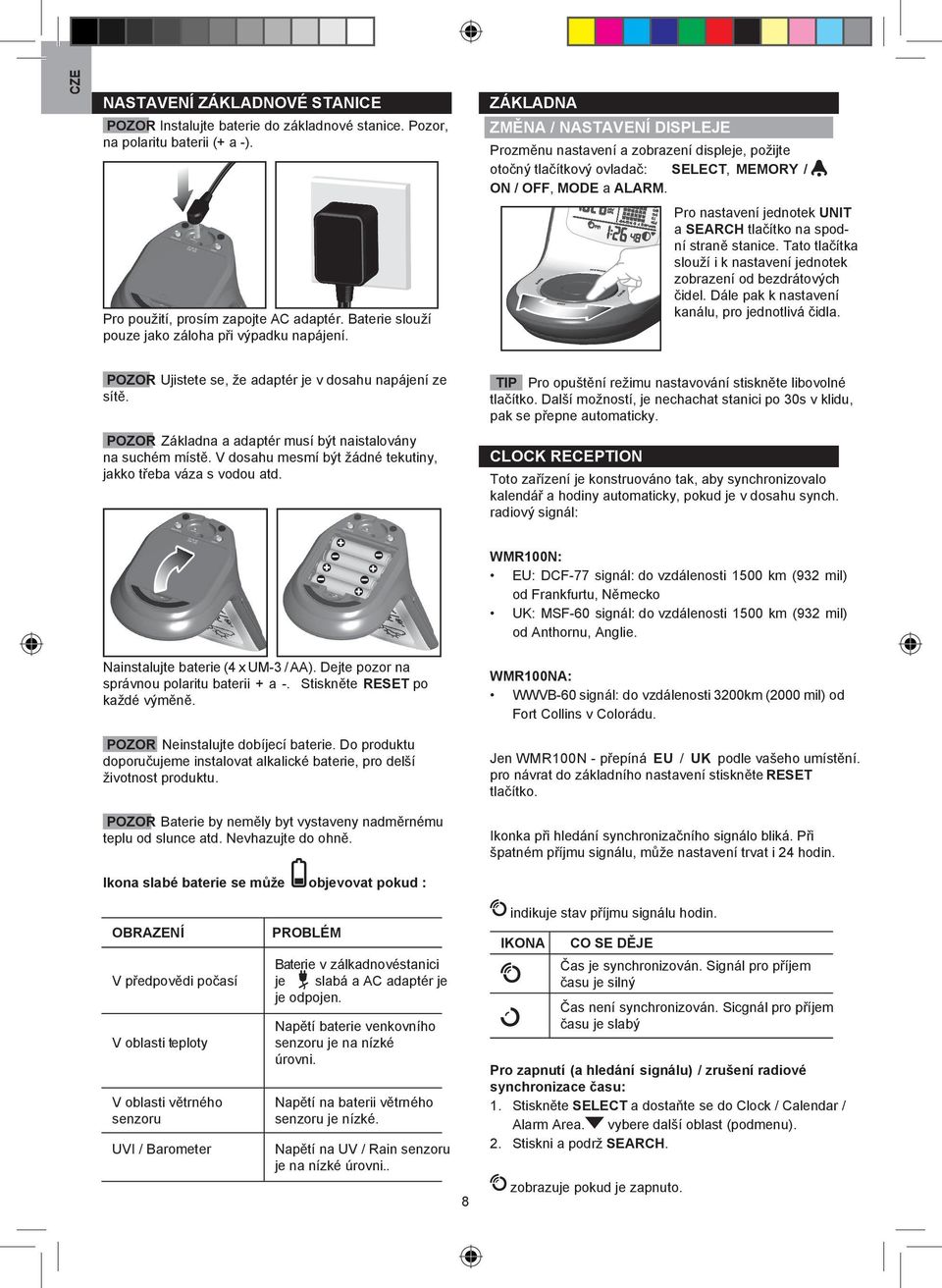 ZÁKLADNA ZMĚNA / NASTAVENÍ DISPLEJE Prozměnu nastavení a zobrazení displeje, požijte otočný tlačítkový ovladač: SELECT, MEMORY / ON / OFF, MODE a ALARM.